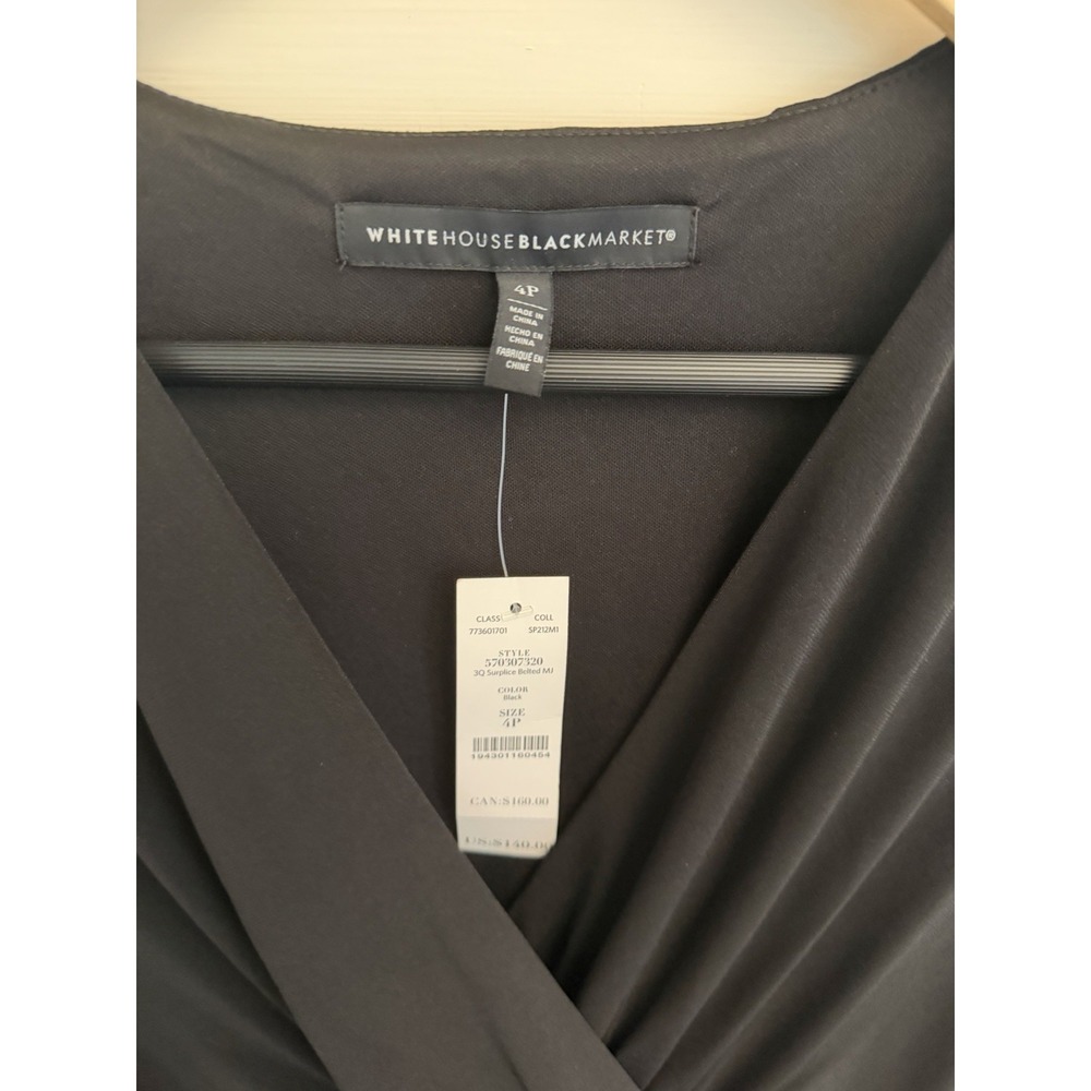White House Black Market Women's Black Faux Wrap Dress 3/4 Sleeves 4P New $140 - Picture 2 of 5